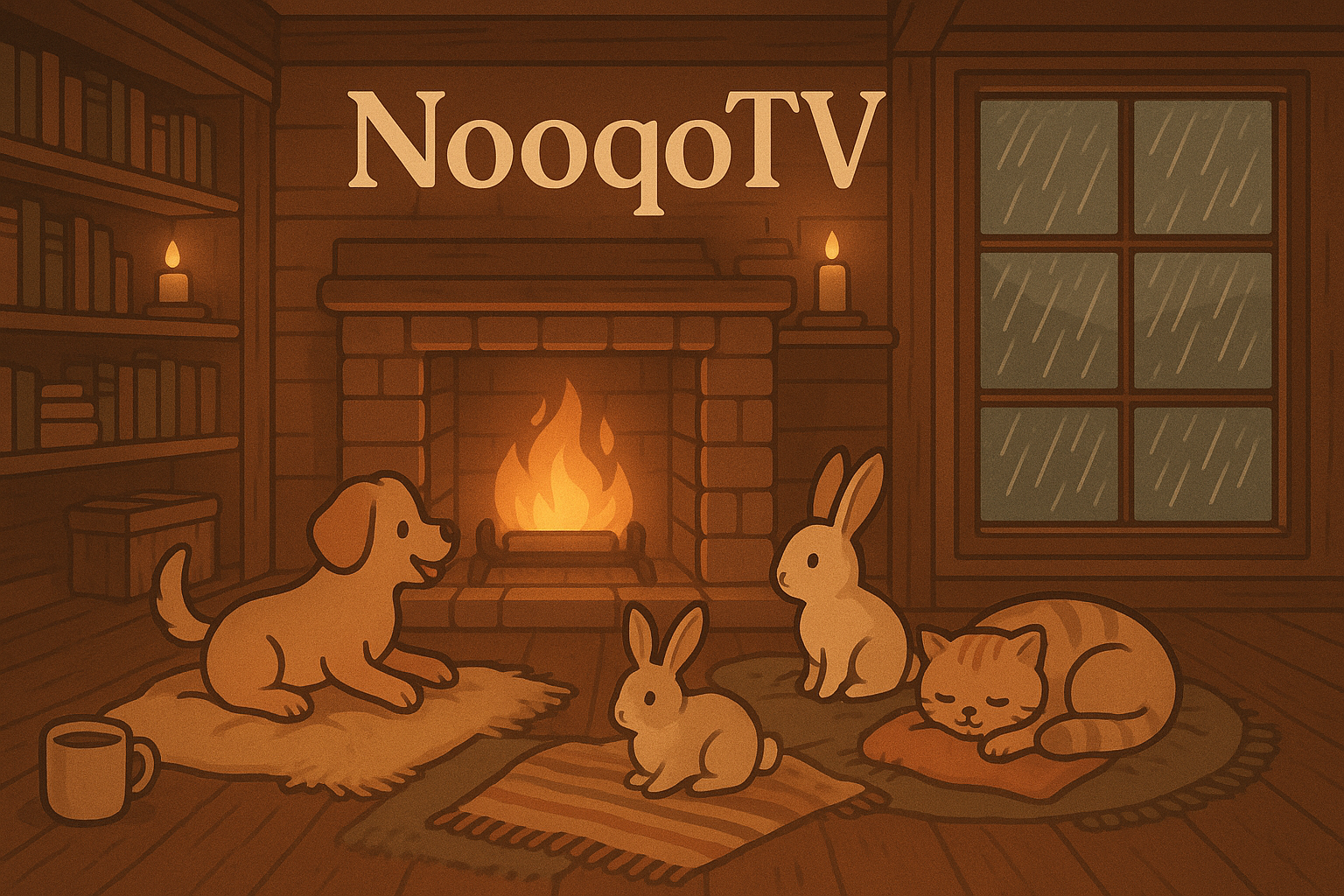 A cozy cabin with a dog, a cat, two bunnies and a fireplace. Rain falls through the window.